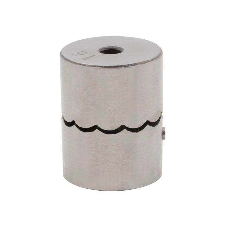 Cylindrical steel hoop-forming press die with a scalloped line around the middle and a hole through the top face.