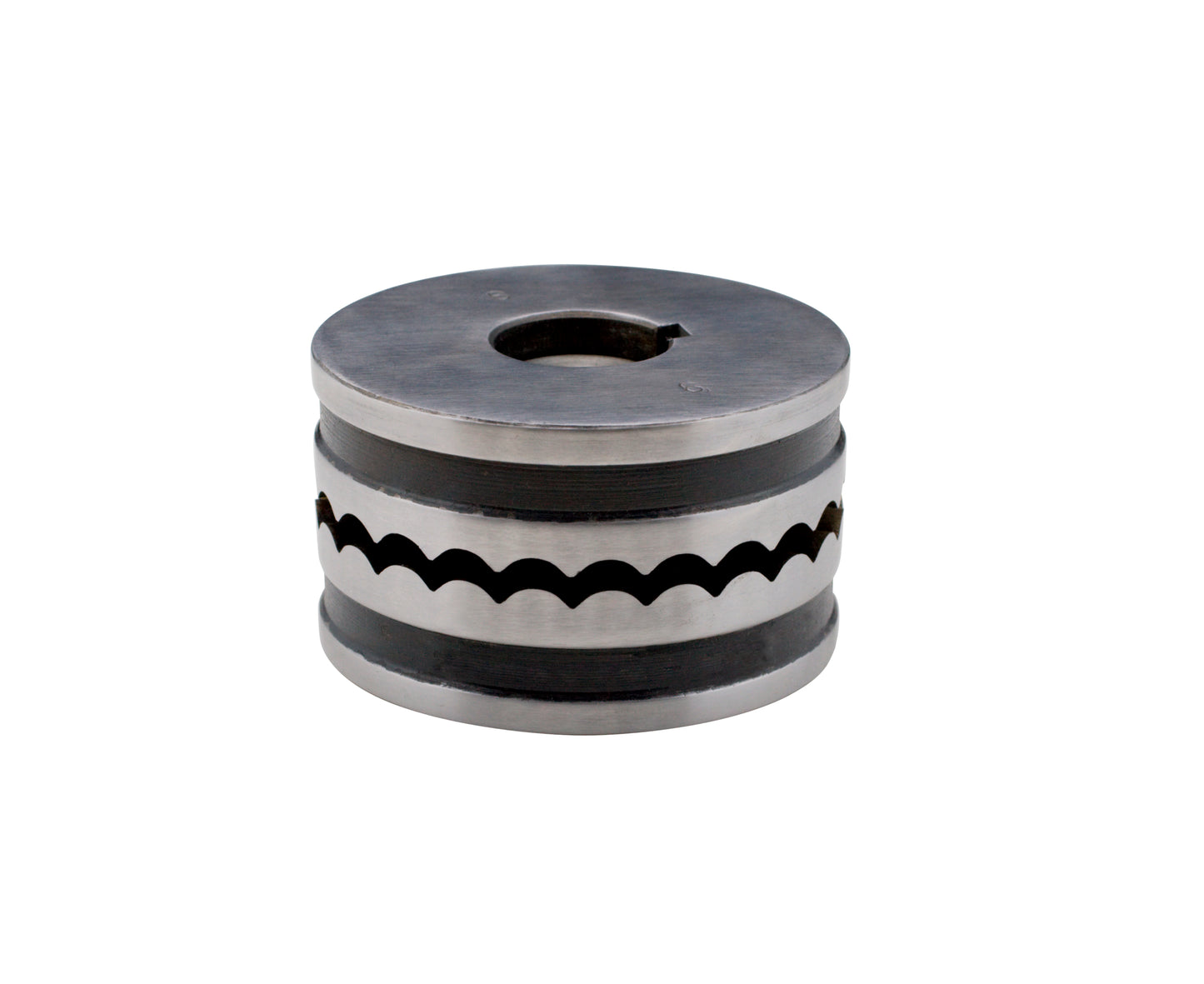 Cylindrical steel bangle-forming press die with bands of small wave patterns.