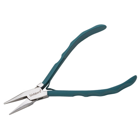 Jewelry pliers with tapered round-nose steel jaws and cushioned teal handles.