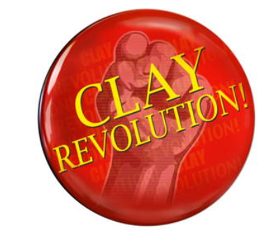 Clay Revolution text on red button with underlay picture of a fist
