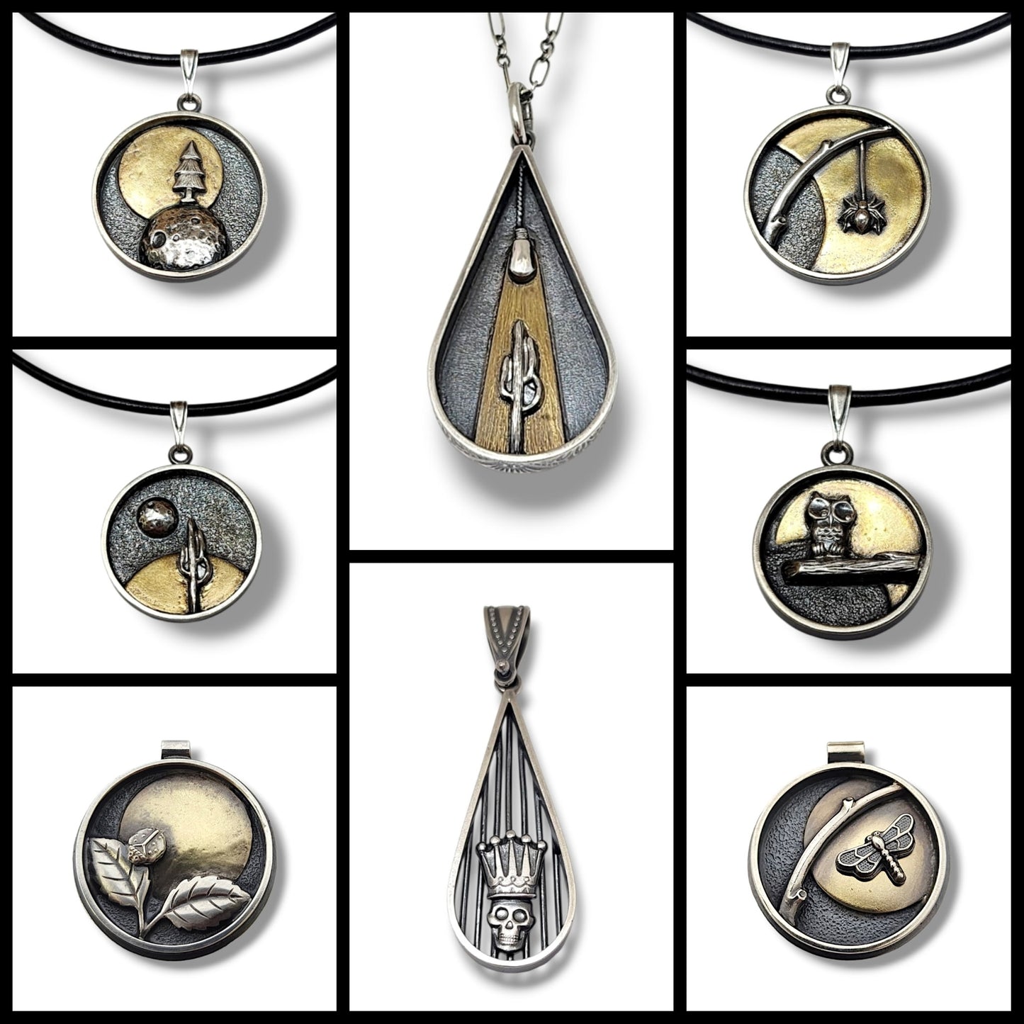 Collection of mixed-metal narrative pendants with figurative imagery, from Annie Pennington's jewelry workshop at The Makery