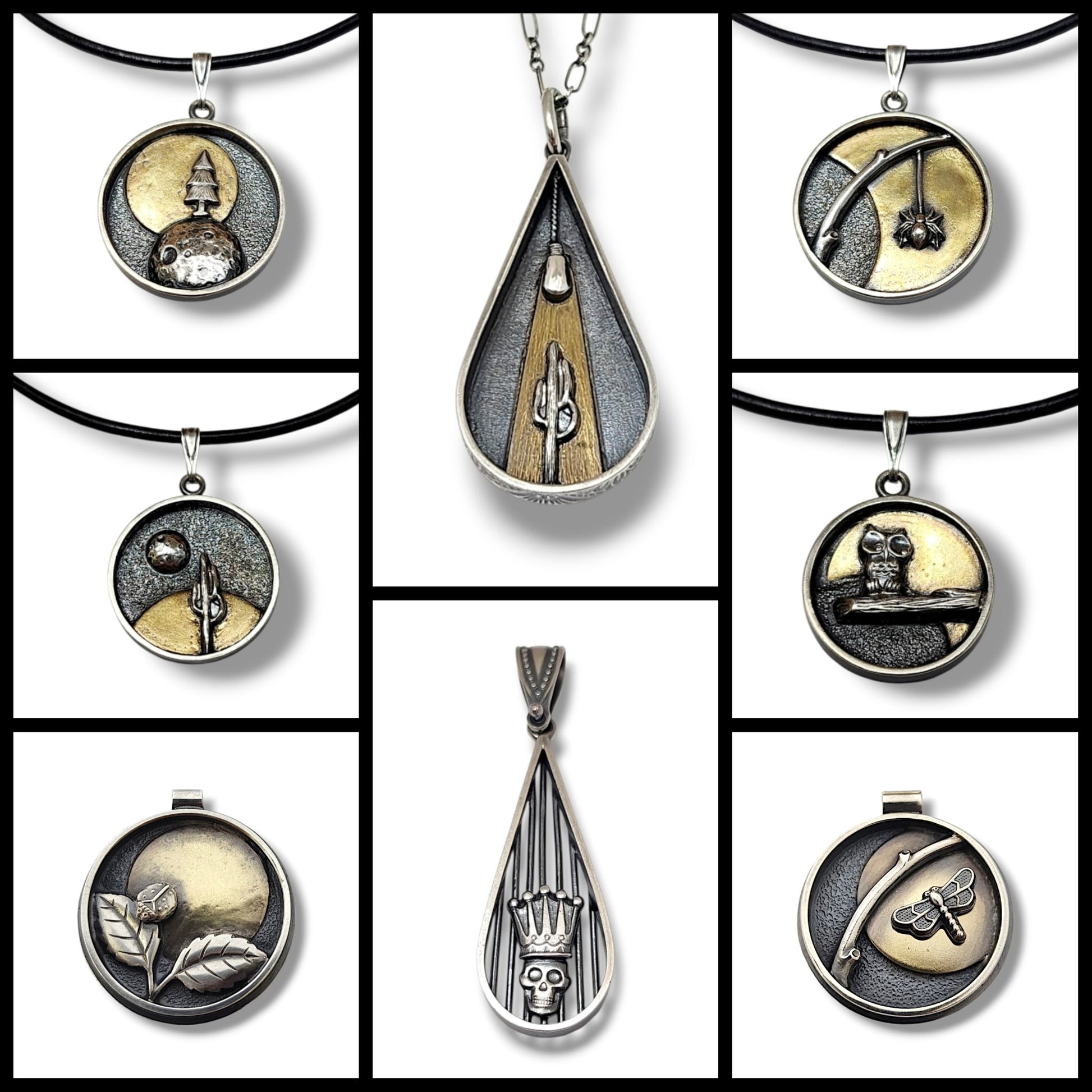 Collection of mixed-metal narrative pendants with figurative imagery, from Annie Pennington's jewelry workshop at The Makery
